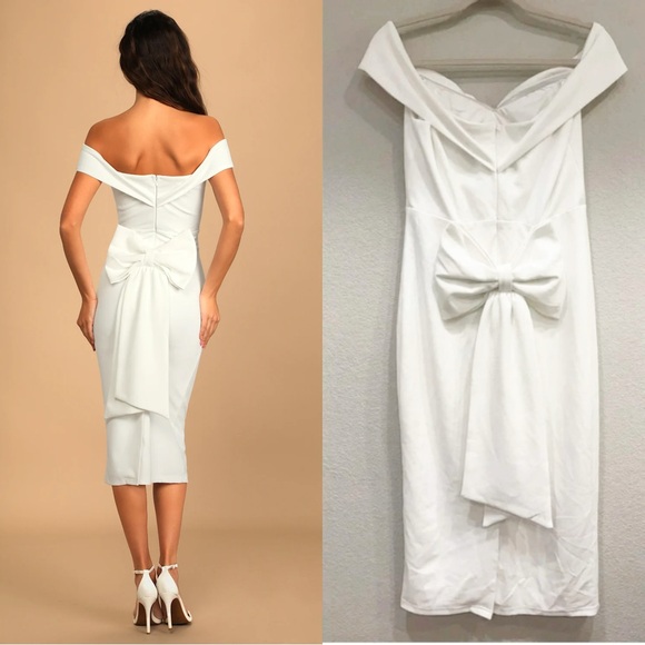 NWOT Lulus Cordially Invited White Off-the-Shoulder Bow Back Midi Dress - Picture 5 of 9